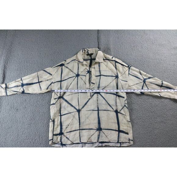 Massimo Dutti Womens Shirt S Tunic Half Button Geometric Blue Tan Cotton - Picture 4 of 7